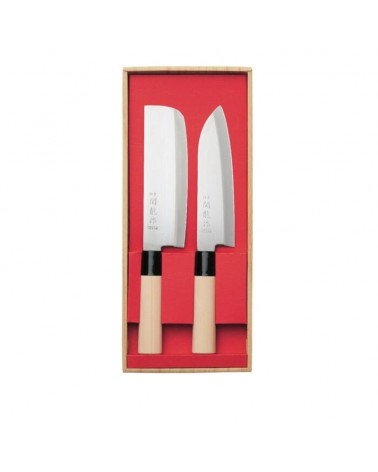 Set due coltelli giapponesi in acciaio inossidabile con manico in legno in confezione regalo. Set due coltelli giapponesi in acciaio inossidabile con manico in legno in confezione regalo.
