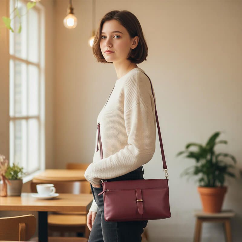 Borsa tracolla piccola pelle nappa rosso rabarbaro commercio equo