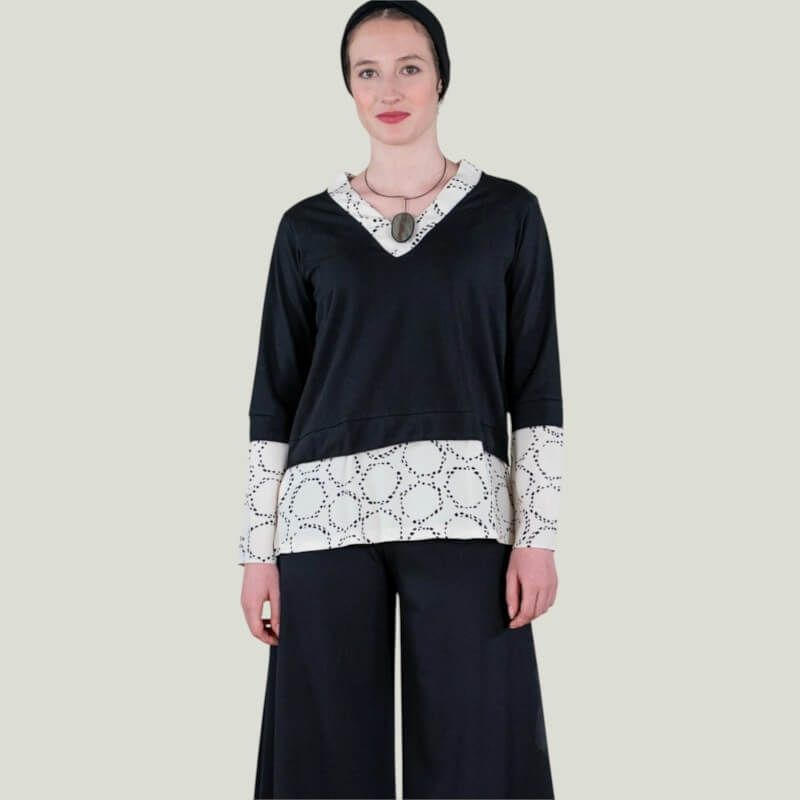 Maglia donna cotone nero scollo a V inserti contrasto Made in Italy