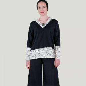 Maglia donna cotone nero scollo a V inserti contrasto Made in Italy