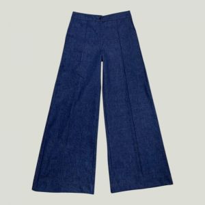 Pantalone donna palazzo cotone jeans blu denim nervatura Made in Italy