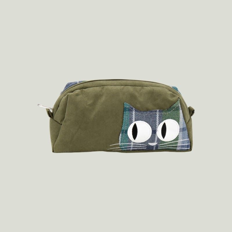 Astuccio portacosmetici verde in simil camoscio con gatto