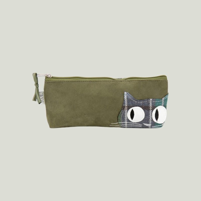 Astuccio portapenne verde con gatto in simil camoscio
