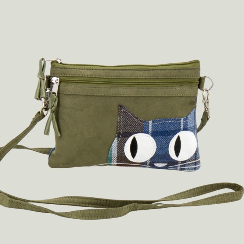 Borsa piccola a tracolla verde con gatto in simil camoscio