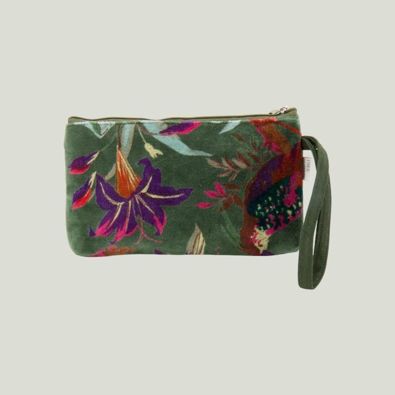 Pochette da mano verde in velluto con stampa floreale