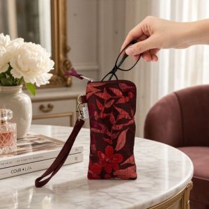 Portaocchiali cotone broccato rosso floreale con zip