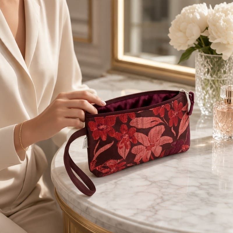 Pochette donna cotone broccato rosso floreale con zip