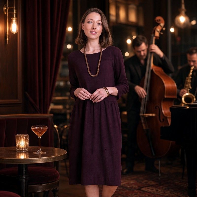 Vestito Donna al Ginocchio in Cotone Organico Bordeaux Manica Lunga...