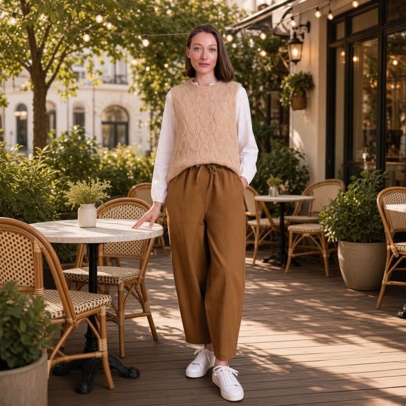 Pantaloni Donna a Gamba Larga in Cotone giallo Ocra con Elastico in...