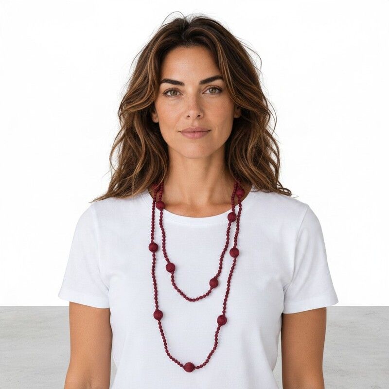 Collana prugna in seta con sfere di legno artigianale
