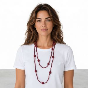 Collana prugna in seta con sfere di legno artigianale